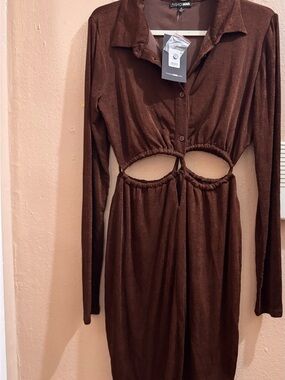 Fashion Nova Chocolate Brown Long Sleeve Cutout Midi Dress